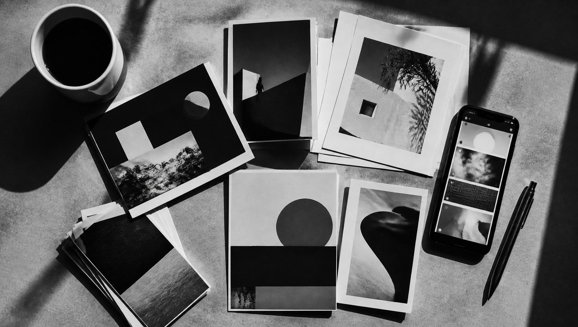 Overhead monochrome flat lay of printed marketing pieces, a phone and a coffee cup